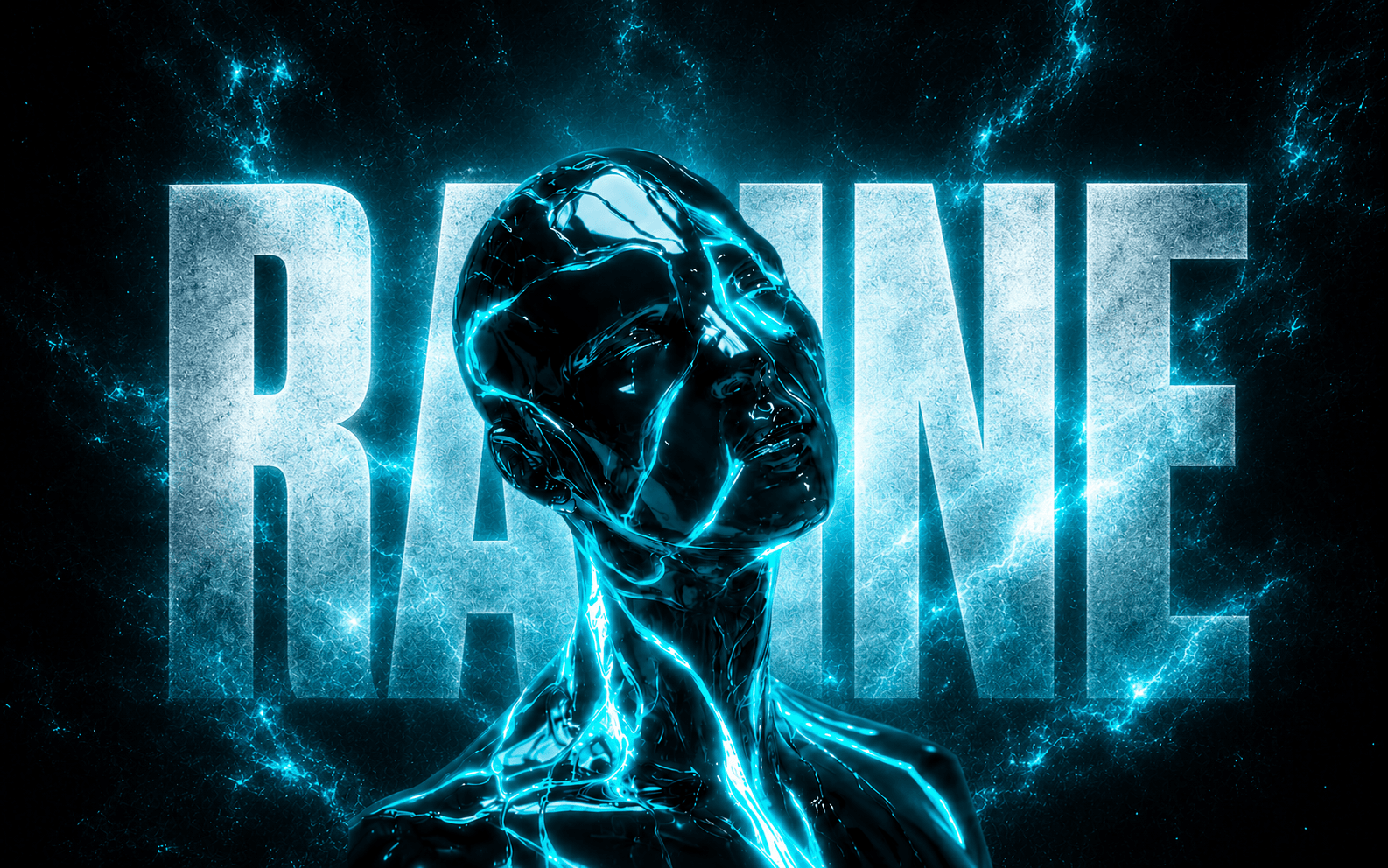 Futuristic RAINE AI humanoid hero visual with cyan energy and premium wordmark typography